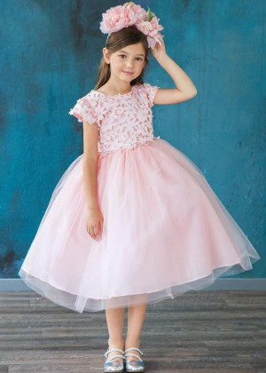 Cap Sleeves 3D Floral Tulle Pretty Flower Girl Dress